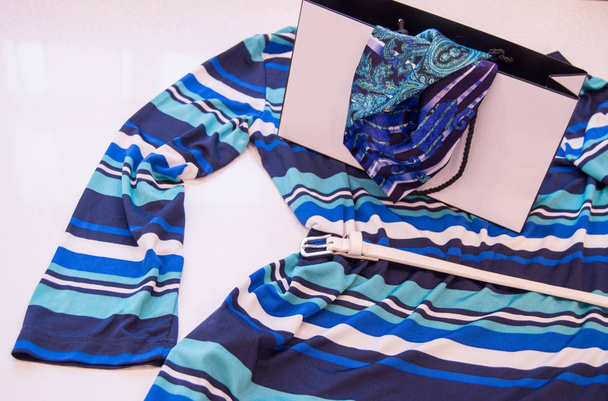 Красивая мода синяя женская блузка полоса модный тренд морской стиль, Концепция шопинга
 - Фото, изображение