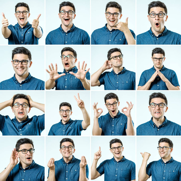 Set of young man's portraits with different emotions and gesture - Foto, afbeelding