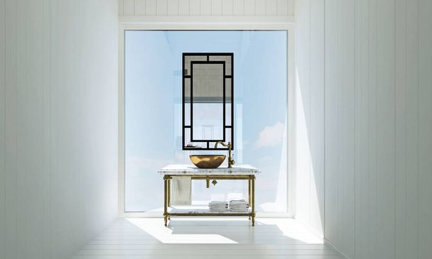 Дизайн интерьера в белой ванной комнате и бетонный фон и вид на море
  - Фото, изображение