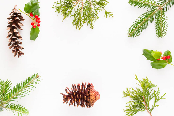 Weihnachtsdekoration Naturelemente auf weißem Holztisch.  - Foto, Bild