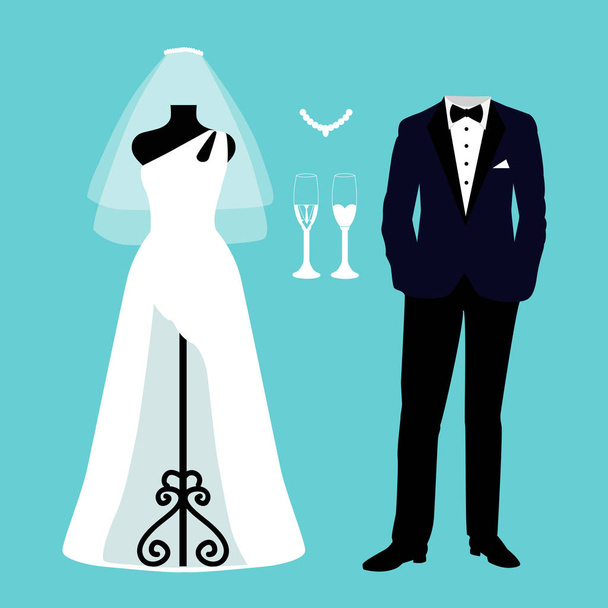 Wedding card with the clothes of the bride and groom. - Vector, Image