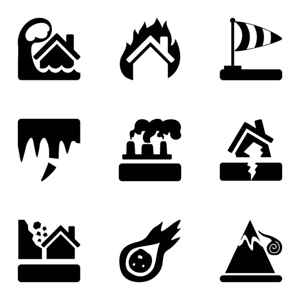 Vector black icons set with risks and dangers from natural disasters, which are taken into account in the insurance of housing - Vector, Image