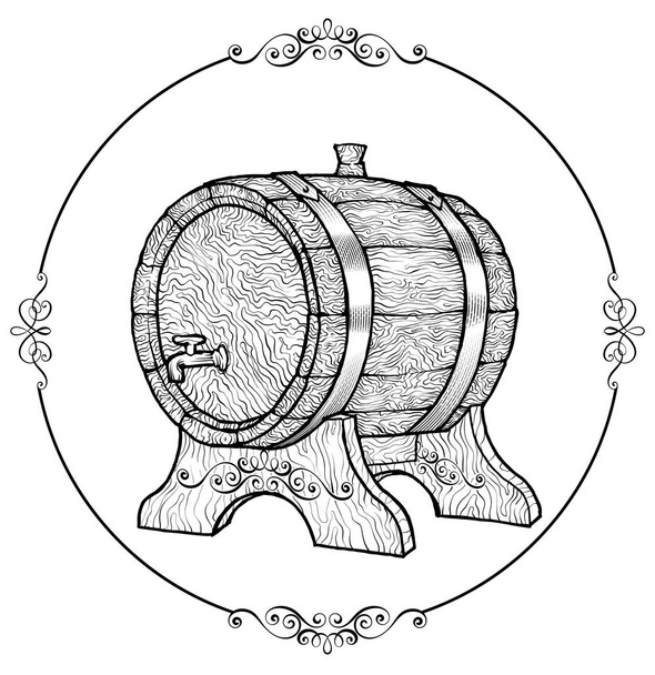 Vector Sketch Ilustração de um barril de vinho de madeira com a torneira em estilo vintage com suporte. Logotipo de kilderkin texturizado desenhado à mão
. - Vetor, Imagem