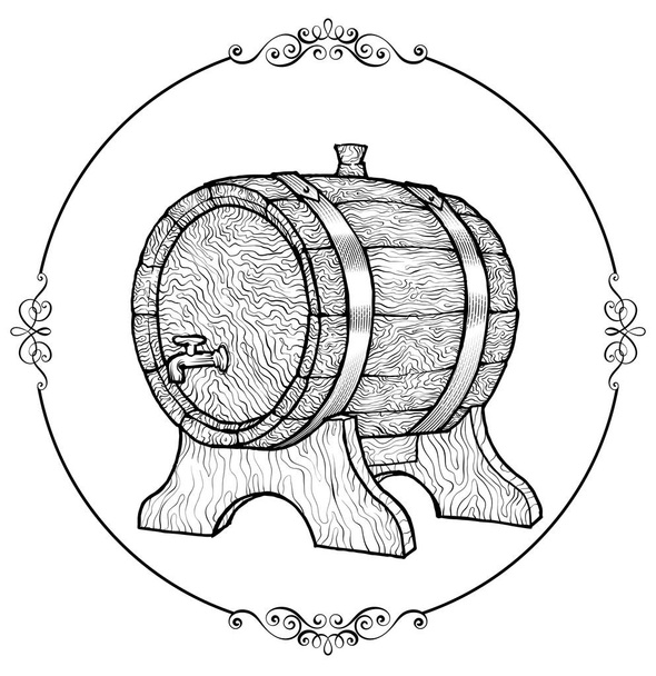 Vectorillustratie schets van een houten wijn vat met de kraan in vintage stijl met standaard. Getextureerde kilderkin handgetekende logo. - Vector, afbeelding