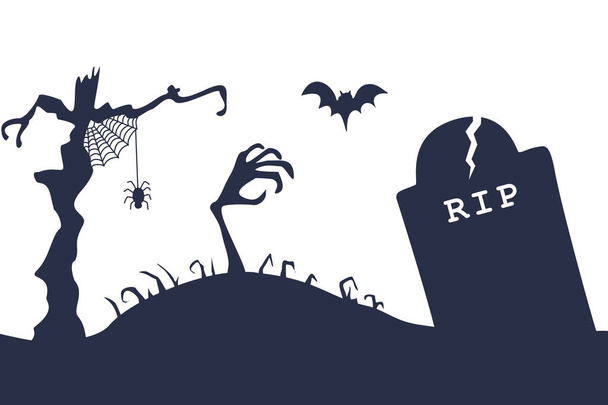 Halloween-Hintergrund mit knöcherner Hand, Gruselbaum, Grab - Vektor, Bild