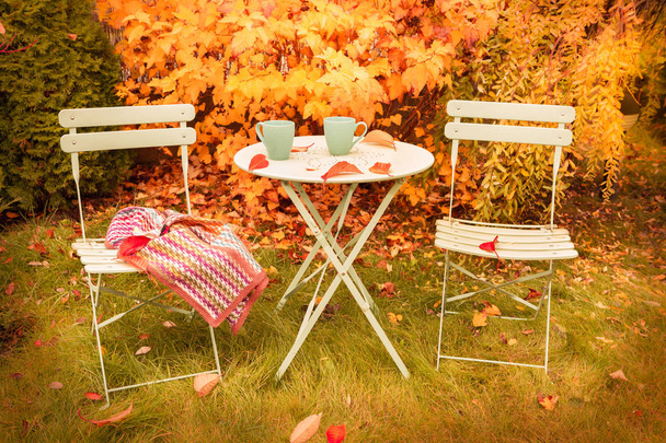 Colorful autumn garden nook with hot tea and blanket - Photo, image