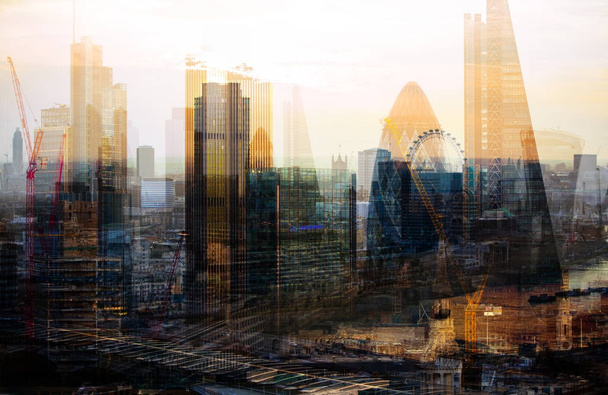 City of London at sunset. Multiple exposure image includes City of London financial aria with skyscrapers - Фото, изображение