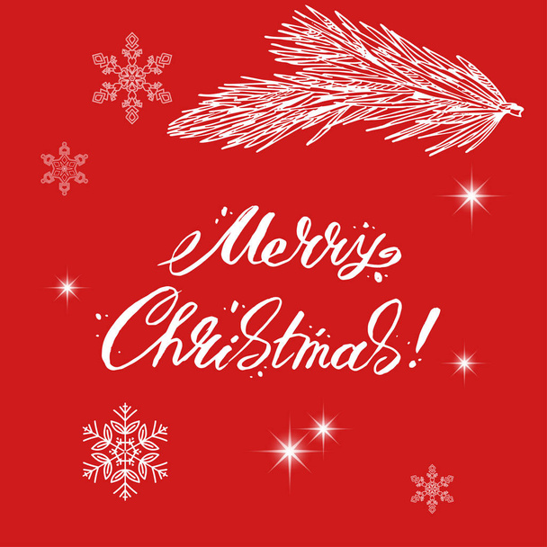 Frohe Weihnachten Schriftzug mit Fichtenzweig umgeben von Schneeflocken. Vektorillustration. - Vektor, Bild