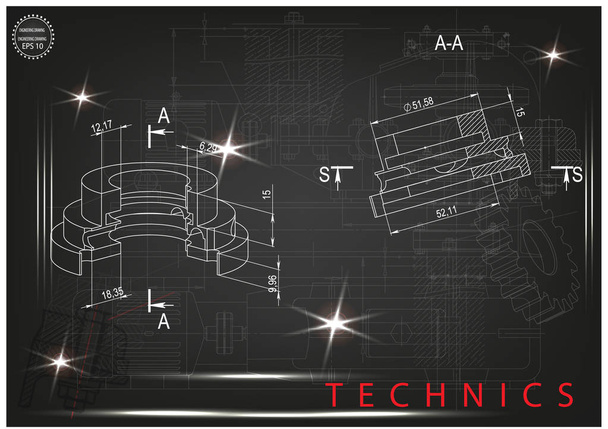 Desenhos de construção de máquinas sobre um fundo preto
 - Vetor, Imagem
