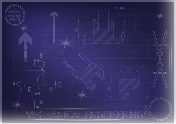 Machinebouw tekeningen op een blauwe achtergrond - Vector, afbeelding
