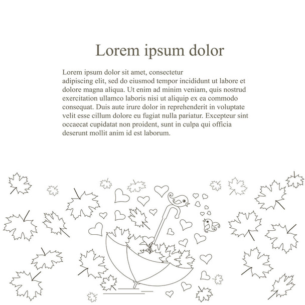 Φόντο με ομπρέλα, καρδιές, πιτσουνάκια, φύλλο σφενδάμνου, Lorem ipsum χέρι μονόχρωμη διανυσματικά εικονογράφηση - Διάνυσμα, εικόνα