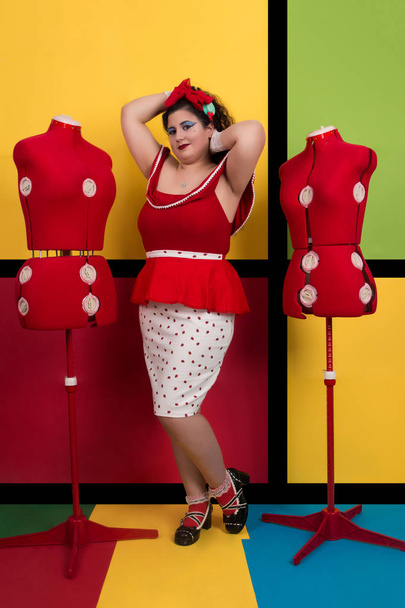 Pinup girl in pop art backdrop - Photo, Image
