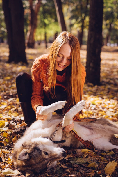 fiatal vörös hajú lány séta a kutyájával nagy, a parkban, játszik vele, egy halom ősszel lehullott levelek - Fotó, kép