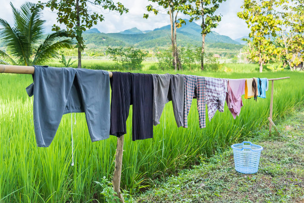 Wooden clothes line for dry clothes in the sun in paddy field.Th - Photo, Image