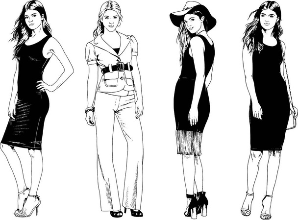 set of vector drawings on the theme of beautiful girls drawn by hand with ink on  - Vector, Image