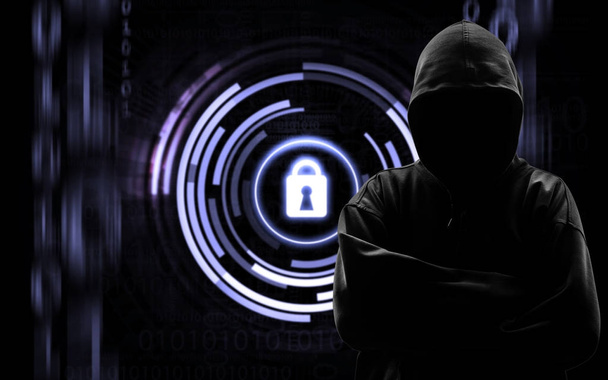 Silueta isloated hacker na černém pozadí s binární kódy na ba - Fotografie, Obrázek