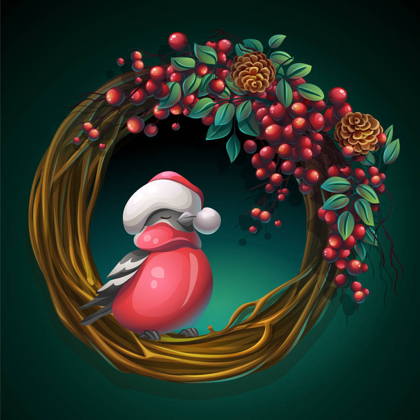 Wreath of vines with ash berry and bullfinch - Vector, Image