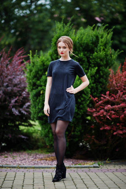 Portrait of a gorgeous young girl in black dress walking on the  - Foto, afbeelding