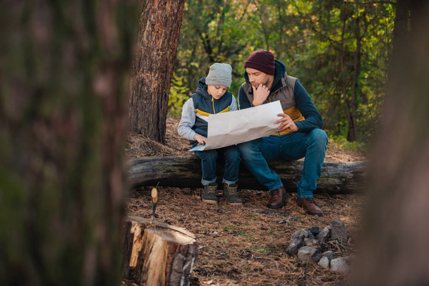 father and son with map in forest - 写真・画像