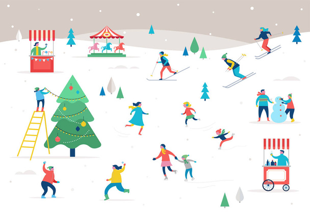 Escena deportiva de invierno, evento callejero de Navidad, festival y feria, con gente, las familias se burlan
 - Vector, imagen