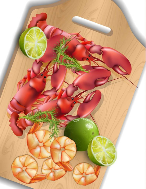 Shrimps and lime on wooden tray. Realistic Vector seafoods - Vektor, kép