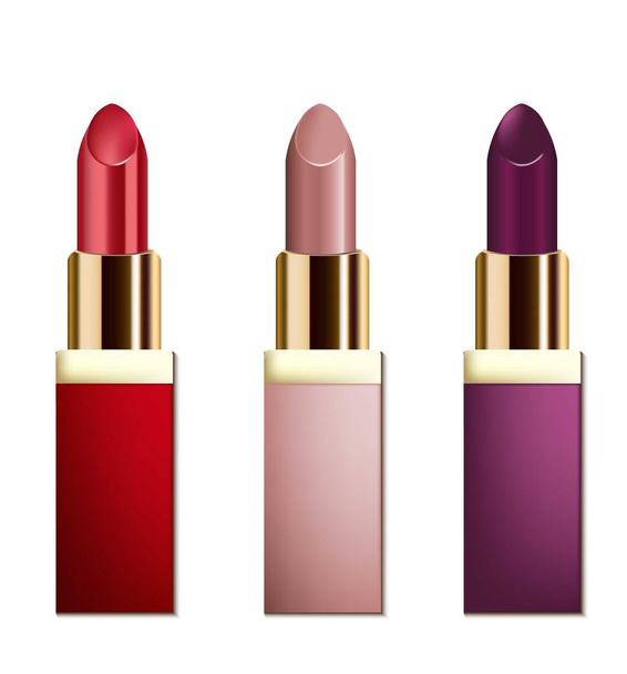 realistische Lippenstiftkosmetik auf weißem Hintergrund. Kollektion von Pastelltönen in Rot und Nude. Kosmetikverpackungen, Werbung, Mock Up - Vektor, Bild