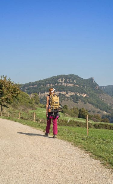 Atleta femenina para trekking a través de bosques
 - Foto, imagen