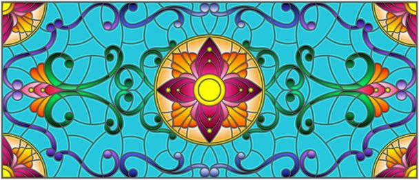 Illustratie in glas-in-lood stijl met abstracte wervelingen, bloemen en bladeren op een blauwe achtergrond, horizontale oriëntatie - Vector, afbeelding