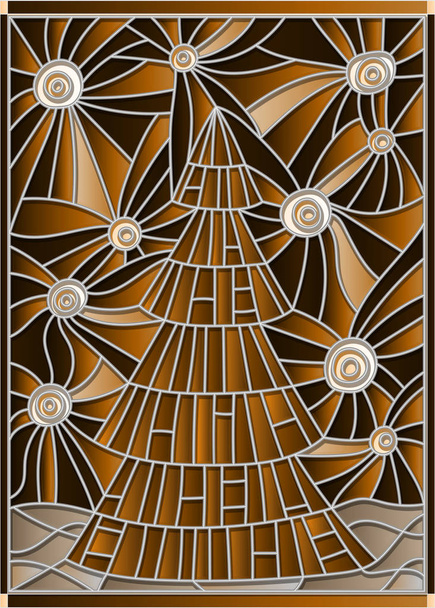 新年、星空、トーンのブラウン、セピア色の背景上にクリスマス ツリーのステンド グラス風イラスト - ベクター画像