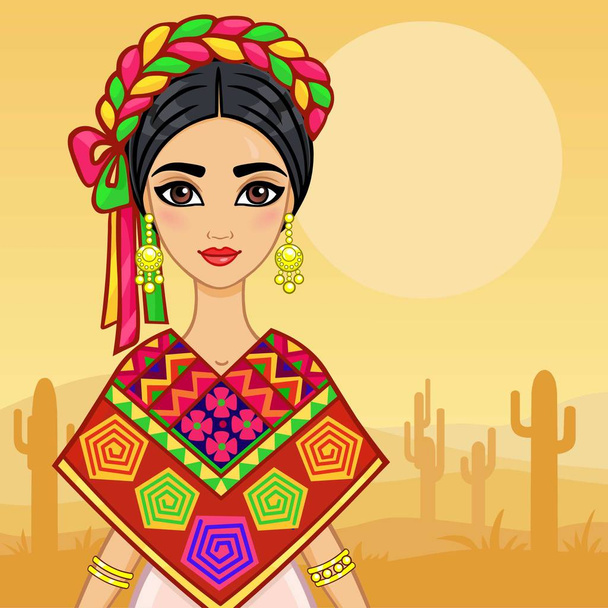 Animation portrait of the young Mexican girl in ancient clothes. A background - the desert with cactus. Vector illustration. Card,  poster,  invitation, the place for the text. - Wektor, obraz