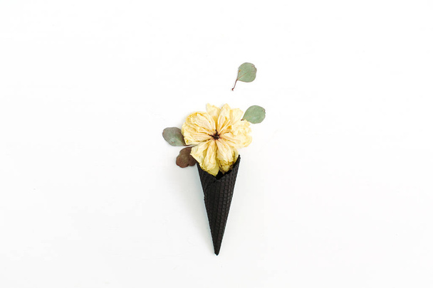 Black ice cream waffle cone with dry peony bud - Photo, Image