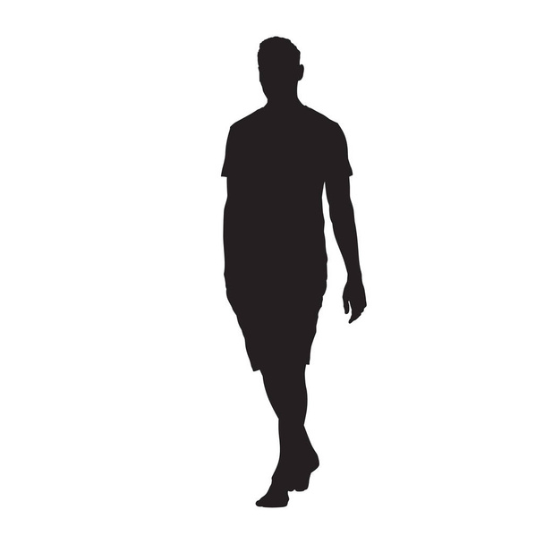 Young man in shirt and shorts walking barefoot, vector silhouett - Διάνυσμα, εικόνα