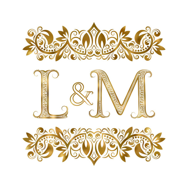 L и M винтажные инициалы логотип. Буквы окружены декоративными элементами. Монограмма о свадьбе или деловых партнерах в королевском стиле
. - Вектор,изображение