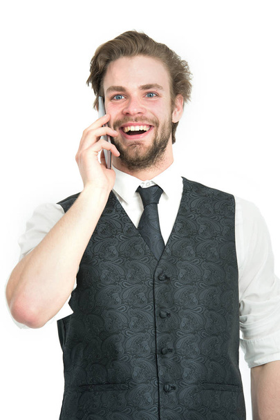 Businessman with phone in outfit isolated on white background. - Фото, зображення