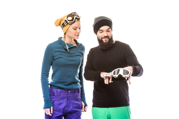 couple in hats with snowboard glasses - Photo, Image