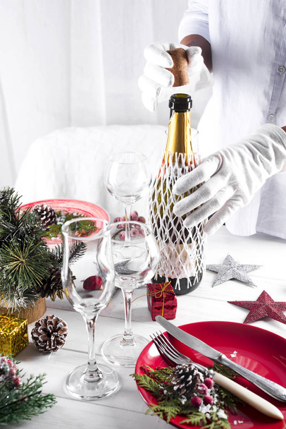 Table served for Christmas dinner in living room - Photo, Image