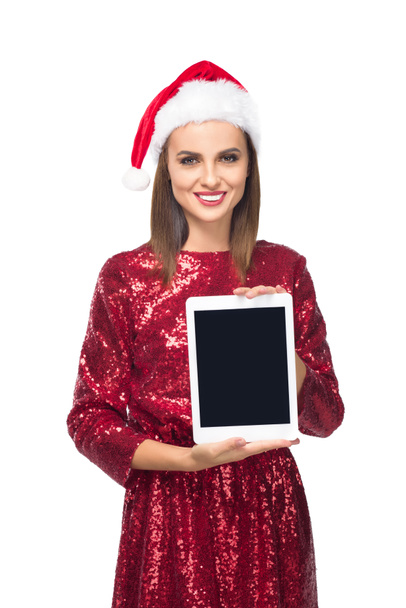 Dziewczyna w santa hat z cyfrowego tabletu - Zdjęcie, obraz