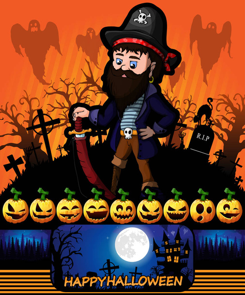 Halloween poster with killer with pirate. Vector illustration. - Vector, Image