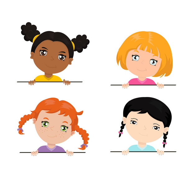 Vector set van multi-etnische kleine meisjes houden van een witte spandoek.  - Vector, afbeelding