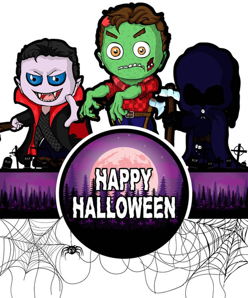 Šťastný Halloween návrhu šablony s Dracula, Zombie a tmavé Reaper - Vektor, obrázek