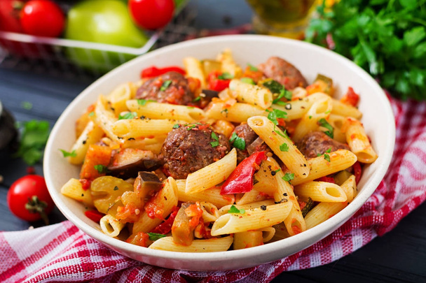 Penne pasta with meatballs in bowl - Photo, Image