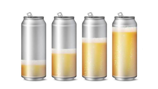 Mockup vektör gerçekçi bira kutuları. Bira arka plan doku köpük ve kabarcıklar ile. Bira farklı düzeyde. Makro bira serinletici. İzole illüstrasyon - Vektör, Görsel