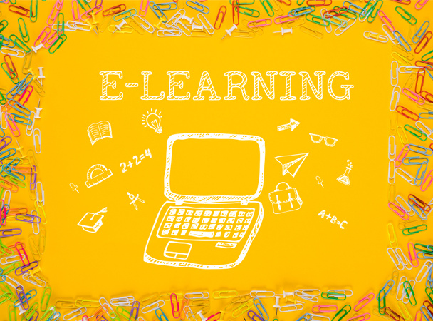 Drawn laptop with word E-learning - Photo, Image
