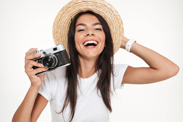 Close up portrait of a happy woman in hat posing - Zdjęcie, obraz