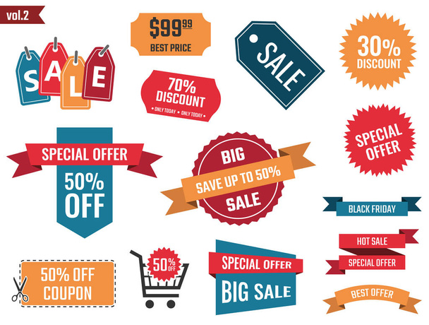 sale banners set, discount coupons and labels, discount icons - Vector, imagen