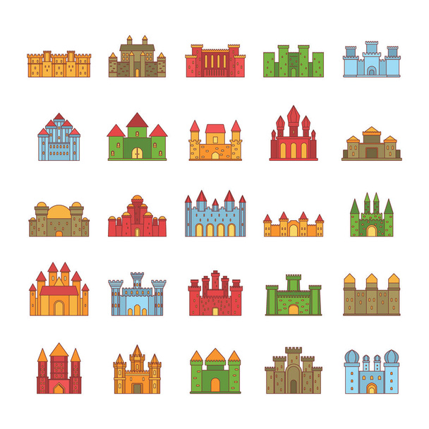 Medieval castles cartoon icons set vector illustration for design and web isolated on white background. Medieval castles vector object for label and advertising - Vektor, kép