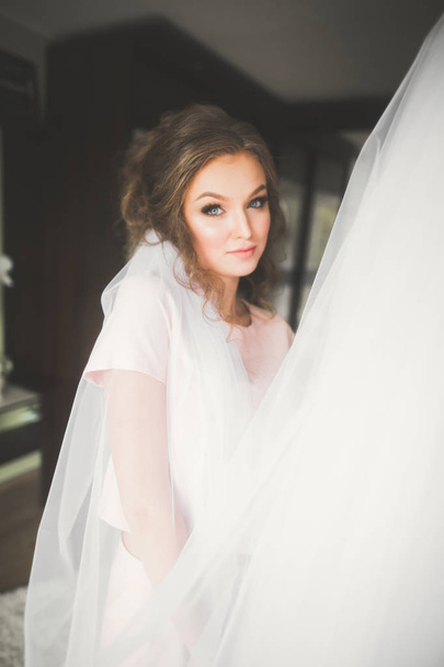Portrait of beautiful bride with fashion veil at wedding morning - Fotó, kép
