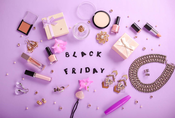 Set of accessories and cosmetics available for sale on Black Friday - Photo, Image