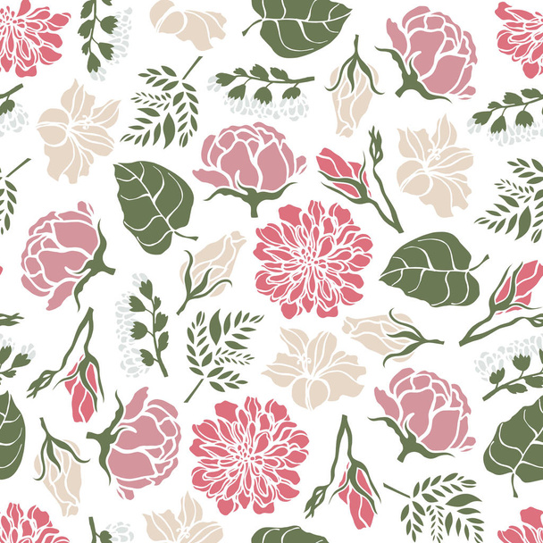 Seamless floral pattern with flowers of peonies, roses, bells, lilies, ferns. - Vetor, Imagem