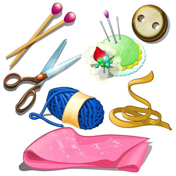 Tools and materials for seamstress - needles, scissors, needles, fabric and other stuff for tailor craft. Seven icons isolated on white background. Vector illustration in cartoon style - Vektor, Bild
